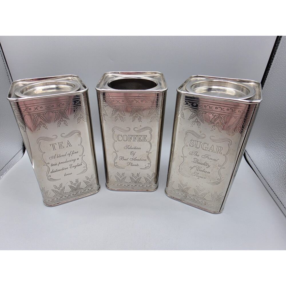 English Breakfast Tea Coffee & Sugar Canister Set of 3 Embossed Metal Tins
